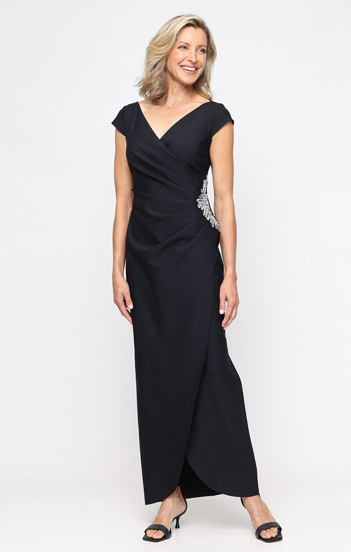 V Neck Floor-Length Matte Jersey Formal Gown with Side Brooch and Tulip Hem Alex Evenings 8134449 – The Dress Outlet