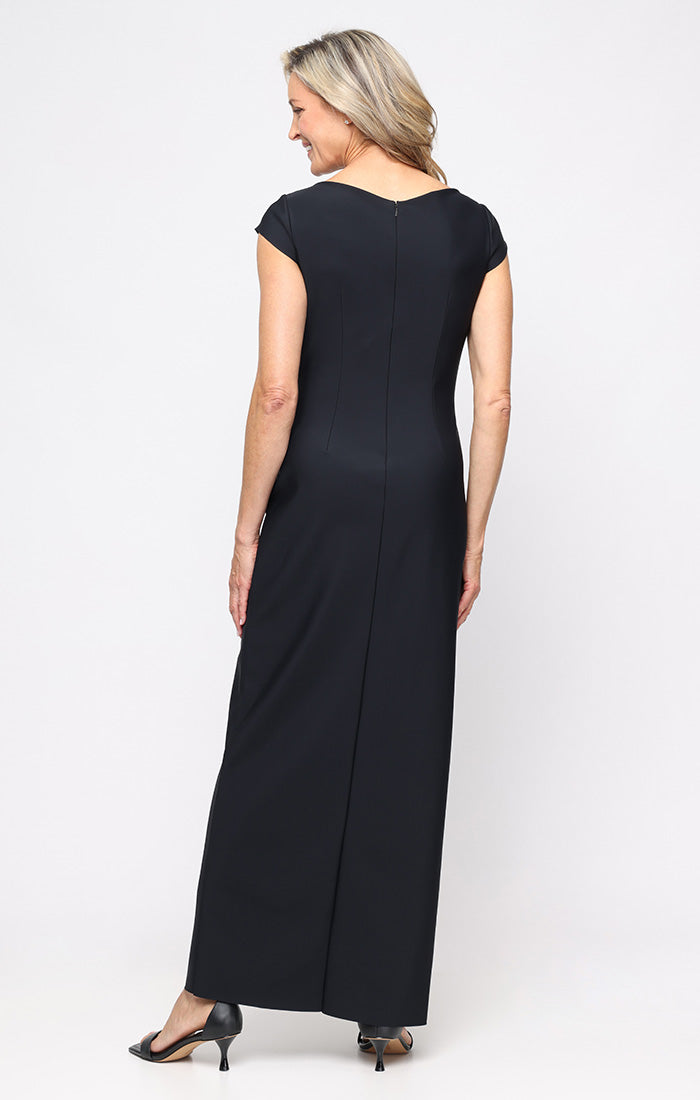 Black V Neck Floor-Length Matte Jersey Formal Gown with Side Brooch and Tulip Hem Petite Alex Evenings 8234449