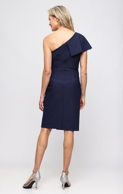 Navy One-Shoulder Knee-Length Satin Dress with Beaded Hip Detail Alex Evenings 8134454