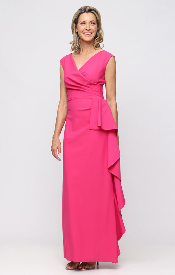 Geranium V-Neck Floor-Length Satin Dress with Cascade Detail and Ruched Waist Alex Evenings 8134480