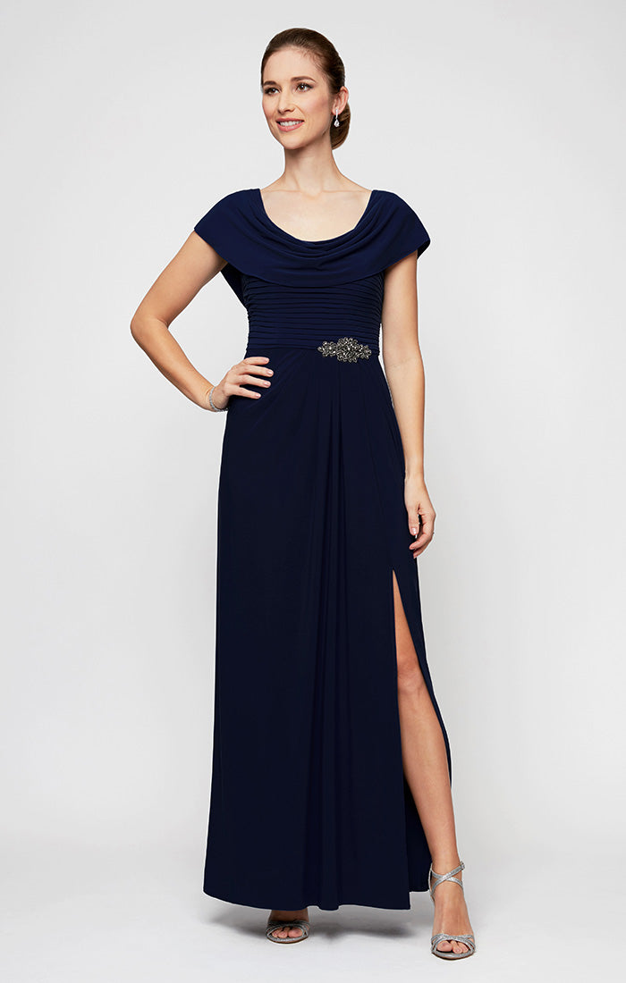 Cowl Neck Long Chiffon Mother of the Bride Dress by Alex Evenings 82351491 in Navy