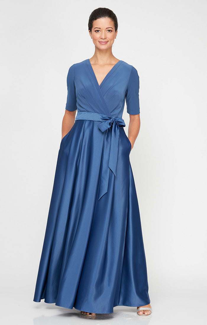 Alex Evenings Petite Surplice Neckline Ballgown with Full Satin Skirt & Jersey Bodice WEDGEWOOD / 6P Alex Evenings Petite Surplice Neckline Ballgown with Full Satin Skirt & Jersey Bodice WEDGEWOOD / 6P