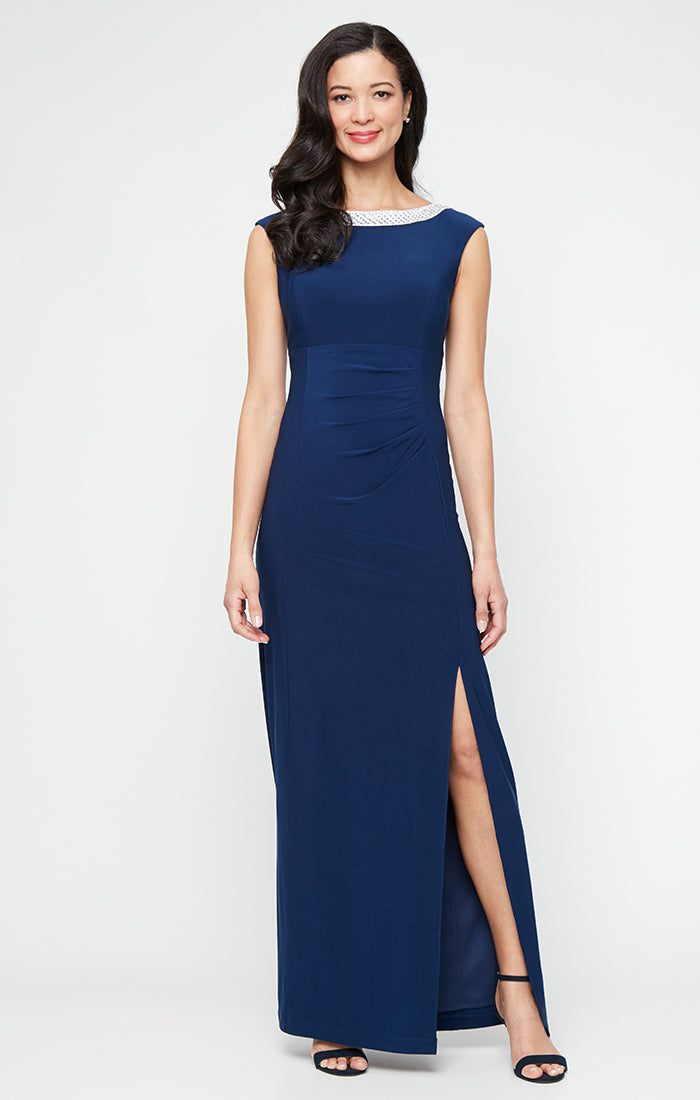 Imperial Bateau Floor-Length Jersey Formal Dress with Side Slit and Beaded Neckline Petite Alex Evenings 82351662
