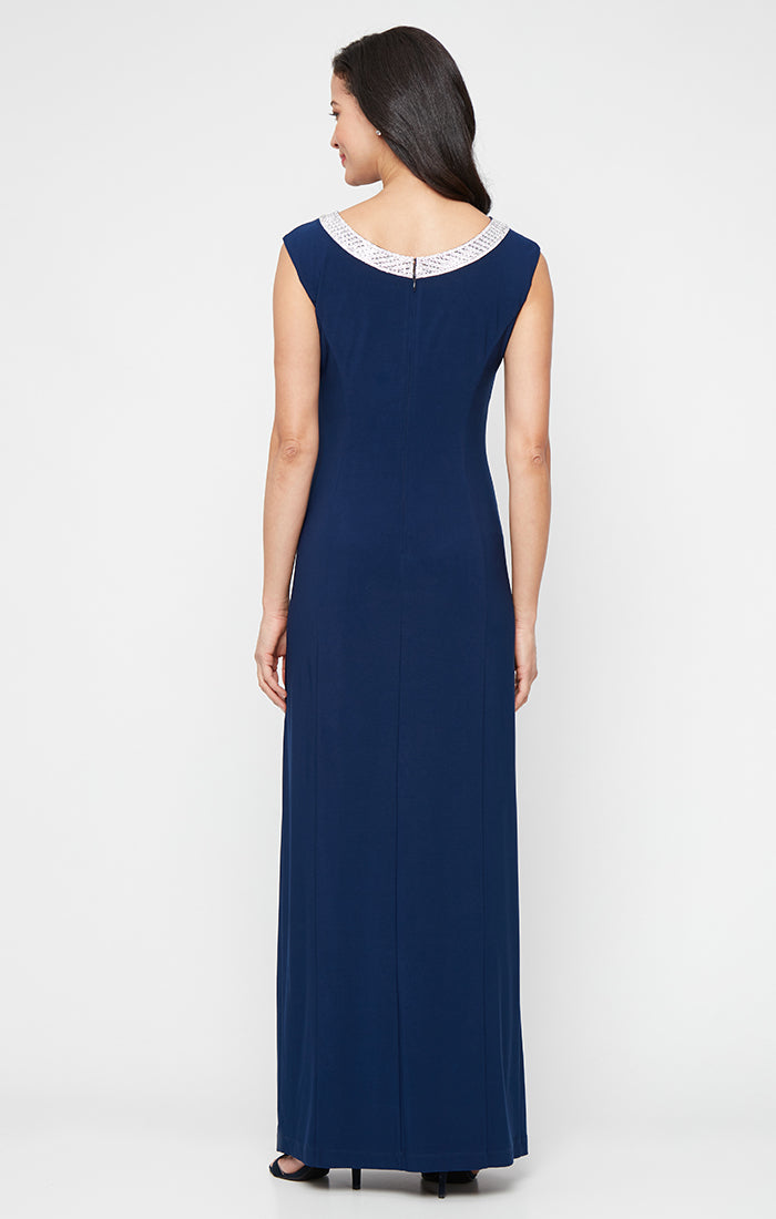 Imperial Bateau Floor-Length Jersey Formal Dress with Side Slit and Beaded Neckline Petite Alex Evenings 82351662