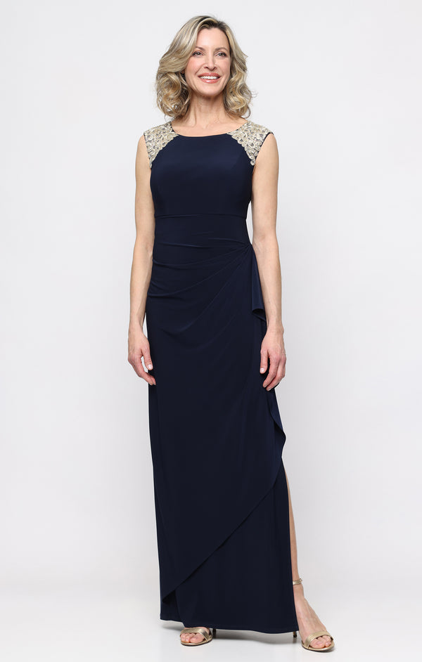 Navy Gold Jewel Neck Floor-Length Jersey Formal Dress Slit Alex Evenings 82351664