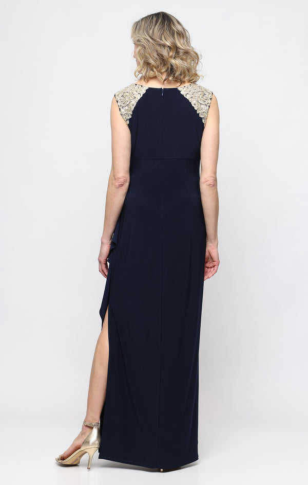 Navy Gold Jewel Neck Floor-Length Jersey Formal Dress Slit Alex Evenings 82351664