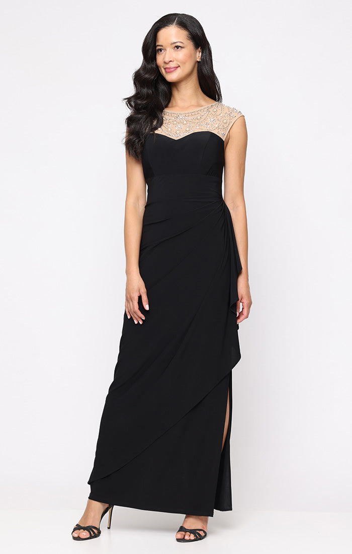 Alex Evenings Women's Illusion Neck Cascade Detail Dress - Black Gold