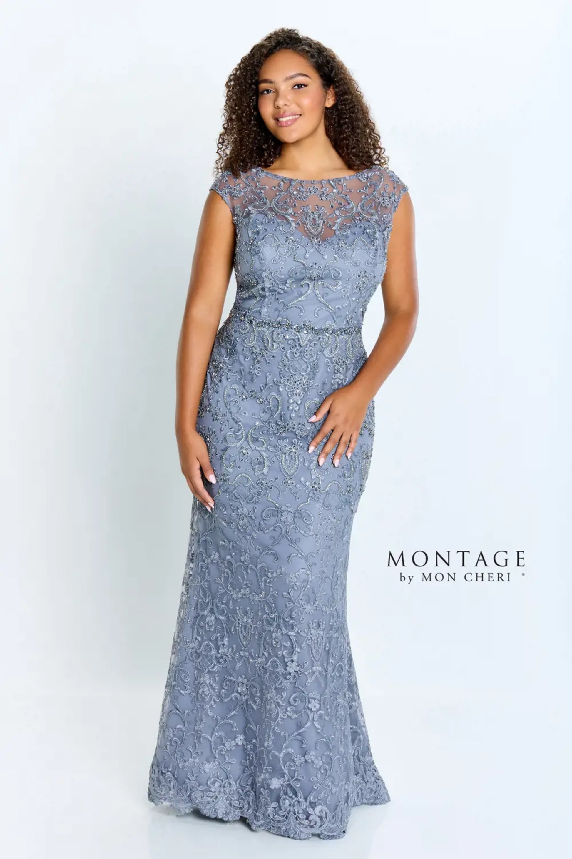 Montage M516 Beaded Floral Long Fitted Formal Evening Dress