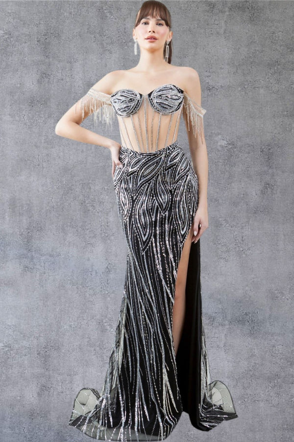Cinderella Couture 8147J Fitted Slit Long Formal Fringe Prom Dress