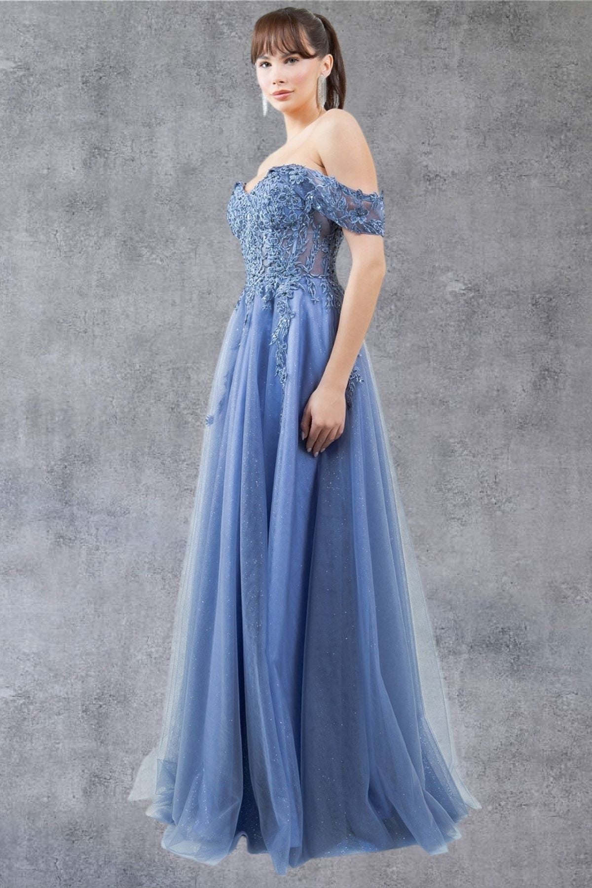 Cinderella Couture 8152J A Line Long Formal Prom Glitter Dress
