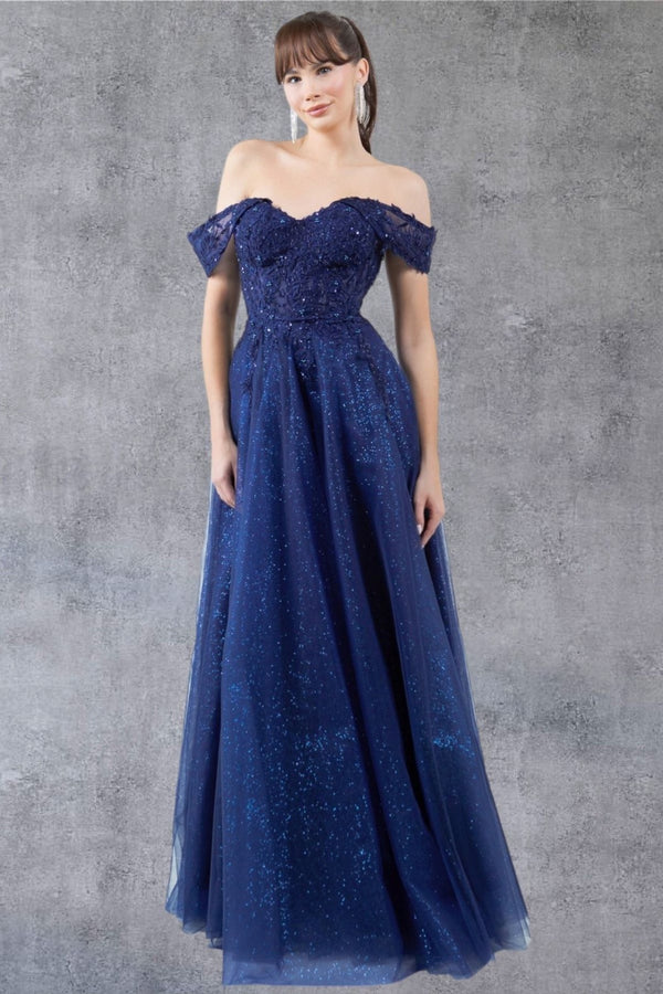 Cinderella Couture 8152J A Line Long Formal Prom Glitter Dress