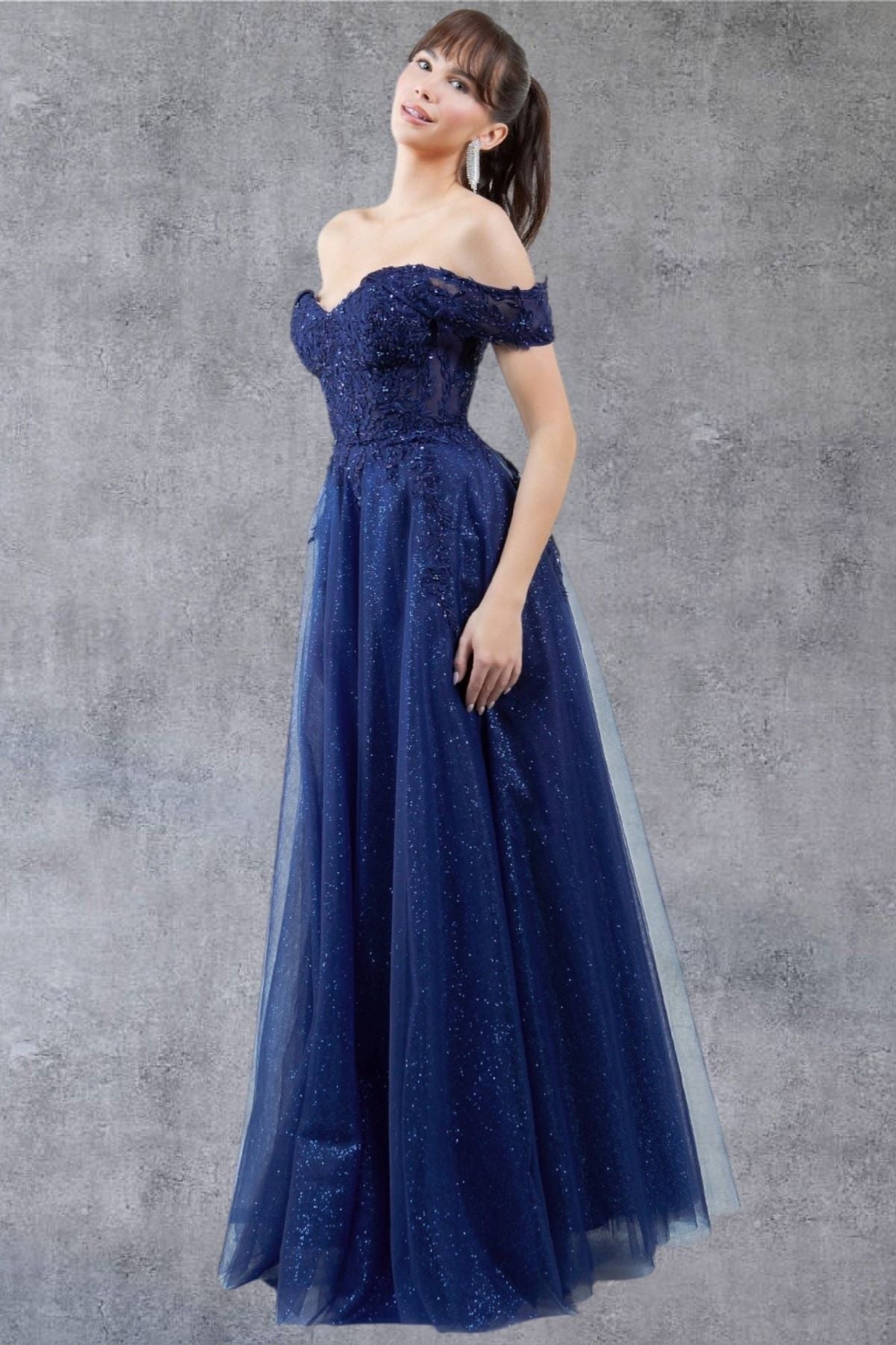 Cinderella Couture 8152J A Line Long Formal Prom Glitter Dress