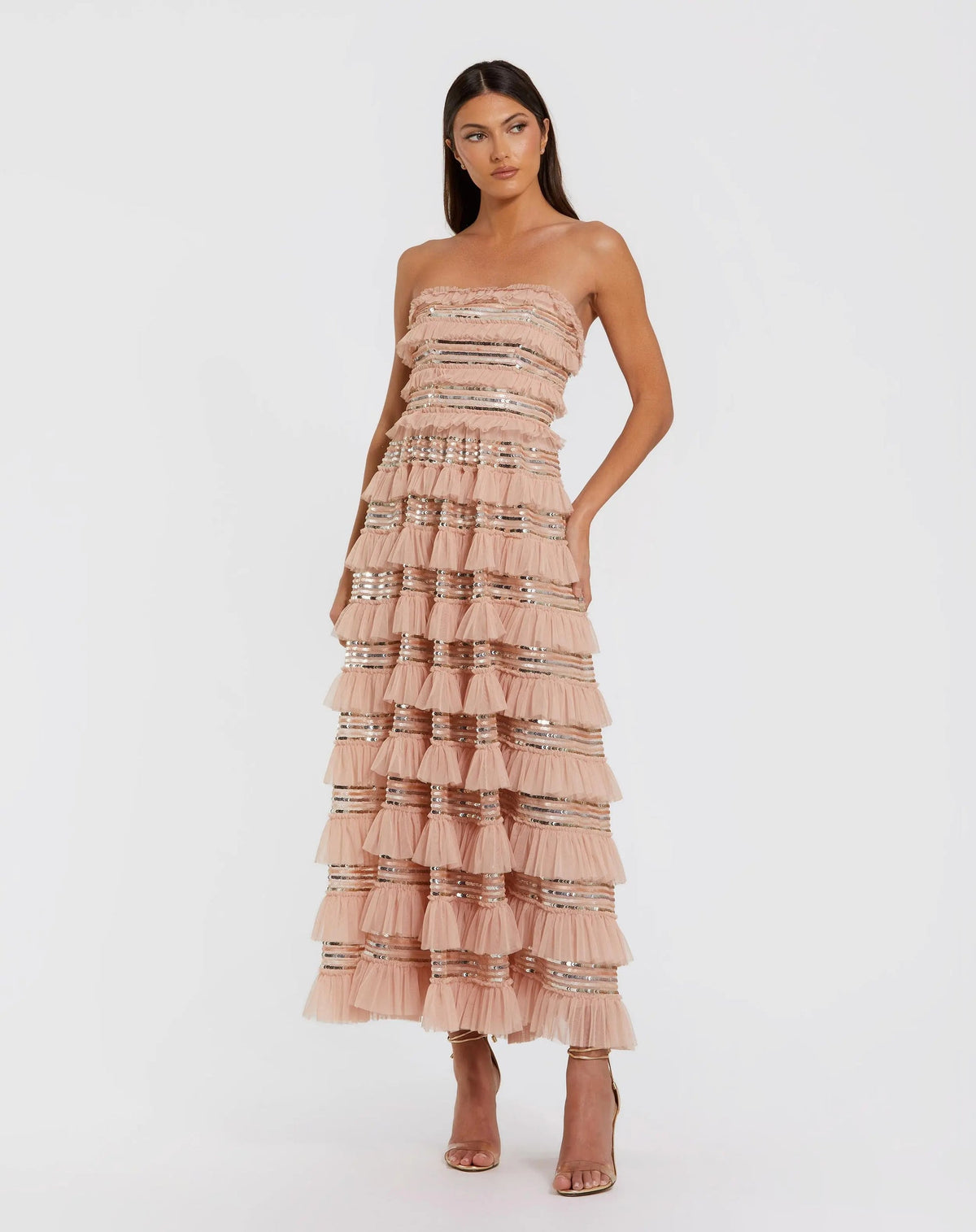 Cocktail Dresses Sequin Tea Length Cocktail Dress - Ruffle - Mac Duggal 8155 Porcelain-Mesh-8155-Ruffle