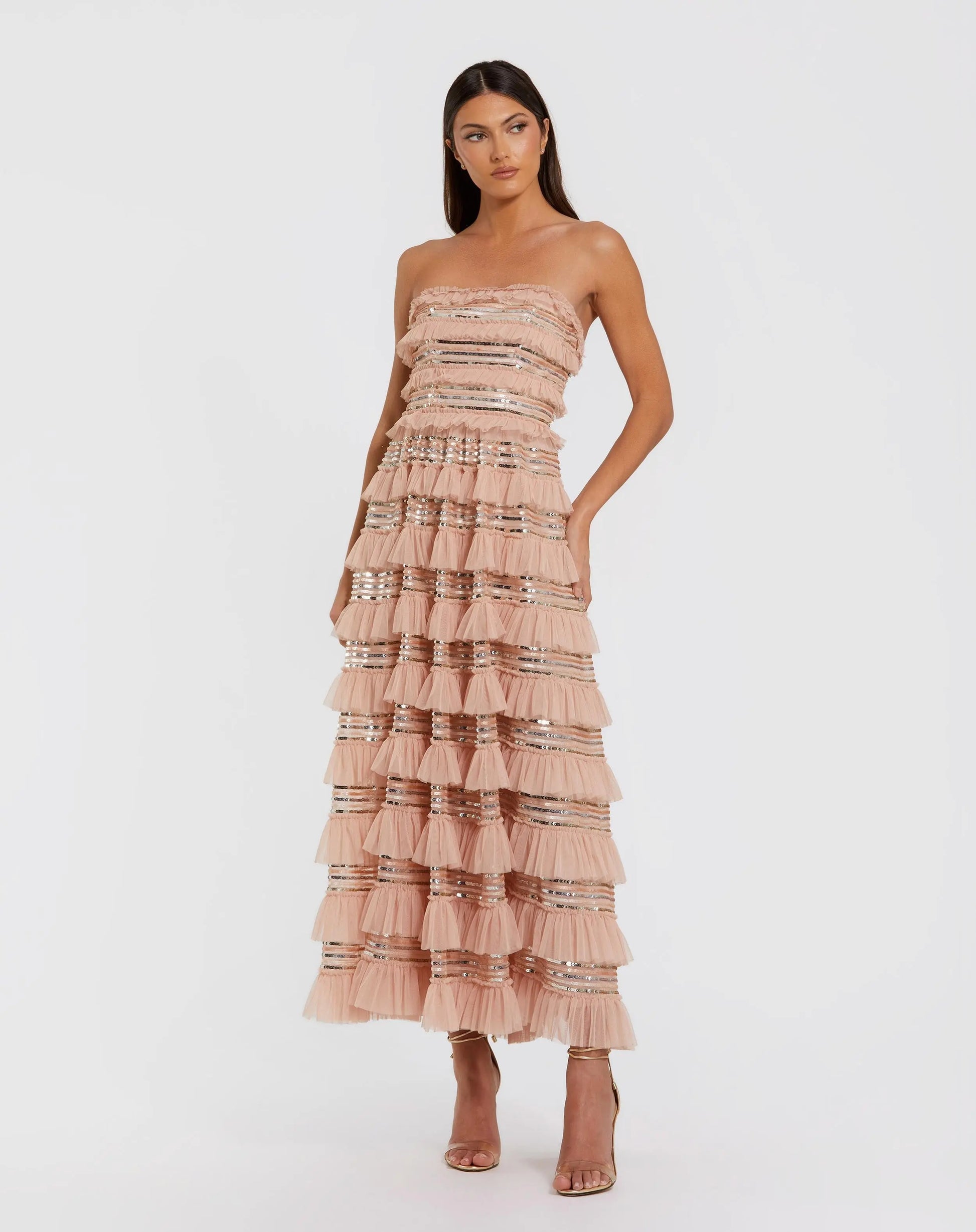 Cocktail Dresses Sequin Tea Length Cocktail Dress - Ruffle - Mac Duggal 8155 Porcelain-Mesh-8155-Ruffle