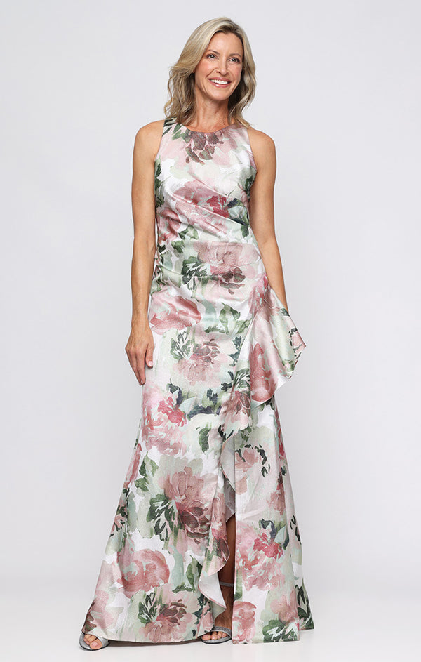 Blush Multi Sleeveless Floral Print Shimmer Dress with Ruffled Skirt Detail Petite Formal Dress Alex Evenings 8255316