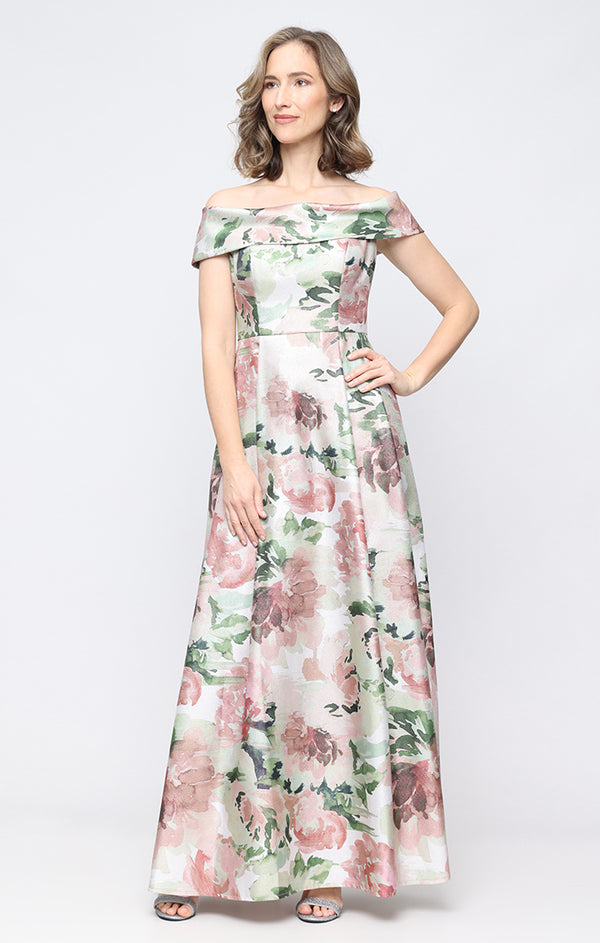 Blush Multi Off-the-Shoulder Floor-Length Shimmer Fabric Formal Dress with Floral Print Alex Evenings 8155323