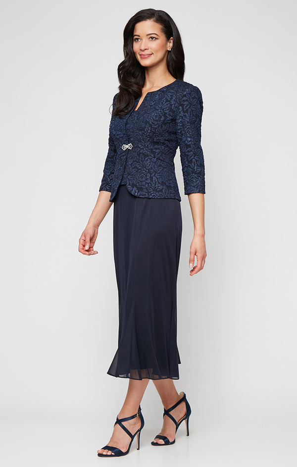 Navy V-Neck Midi Jacquard Cocktail Dress Floral Alex Evenings 8257038