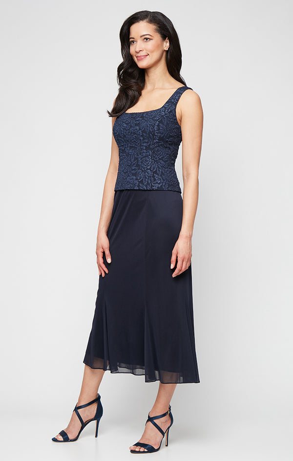 Navy V-Neck Midi Jacquard Cocktail Dress Floral Alex Evenings 8257038