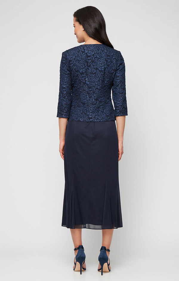 Navy V-Neck Midi Jacquard Cocktail Dress Floral Alex Evenings 8257038