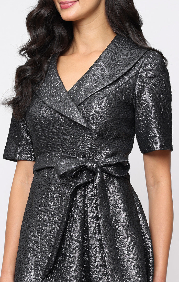Gunmetal V Neck High Low Metallic Jacquard Formal Belted Petite Dress Alex Evenings 8257044