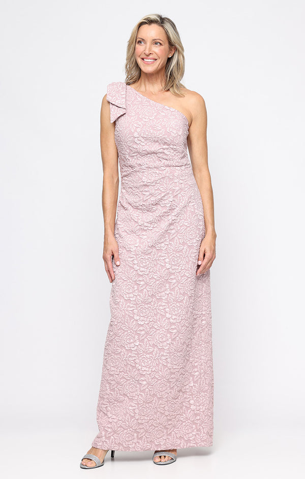 Blush One-Shoulder Petite Embossed Crepe Gown with Bow Detail Alex Evenings 8257049
