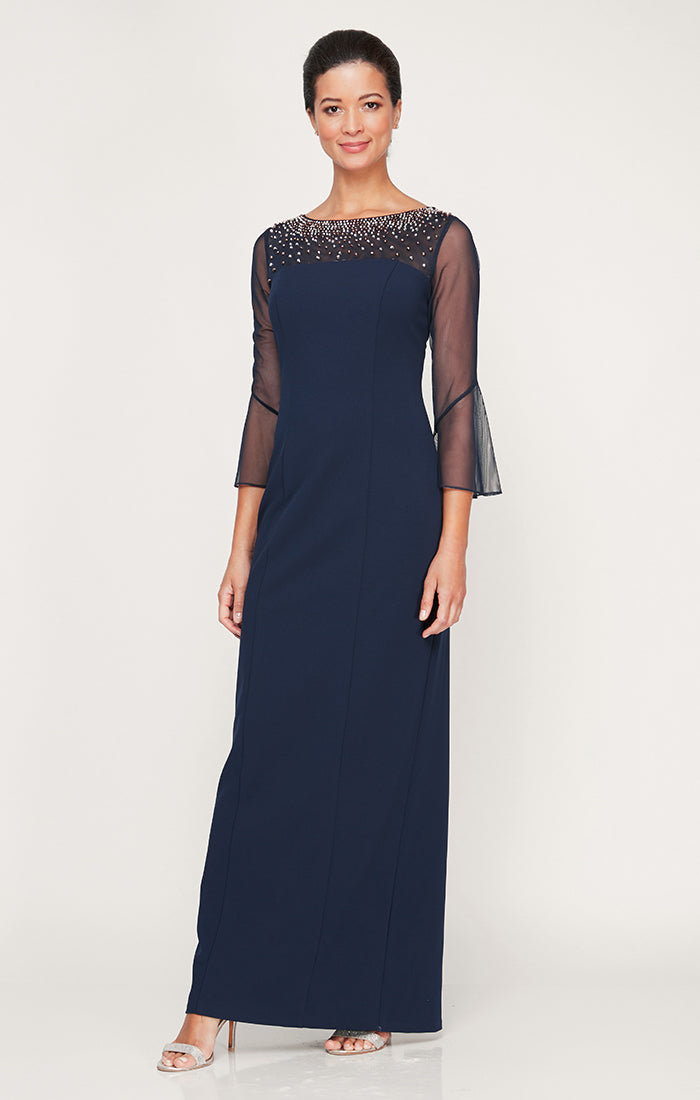 Mother of the Bride Dresses Beaded Long Mother of the Bride Formal Evening Dress Navy Silver