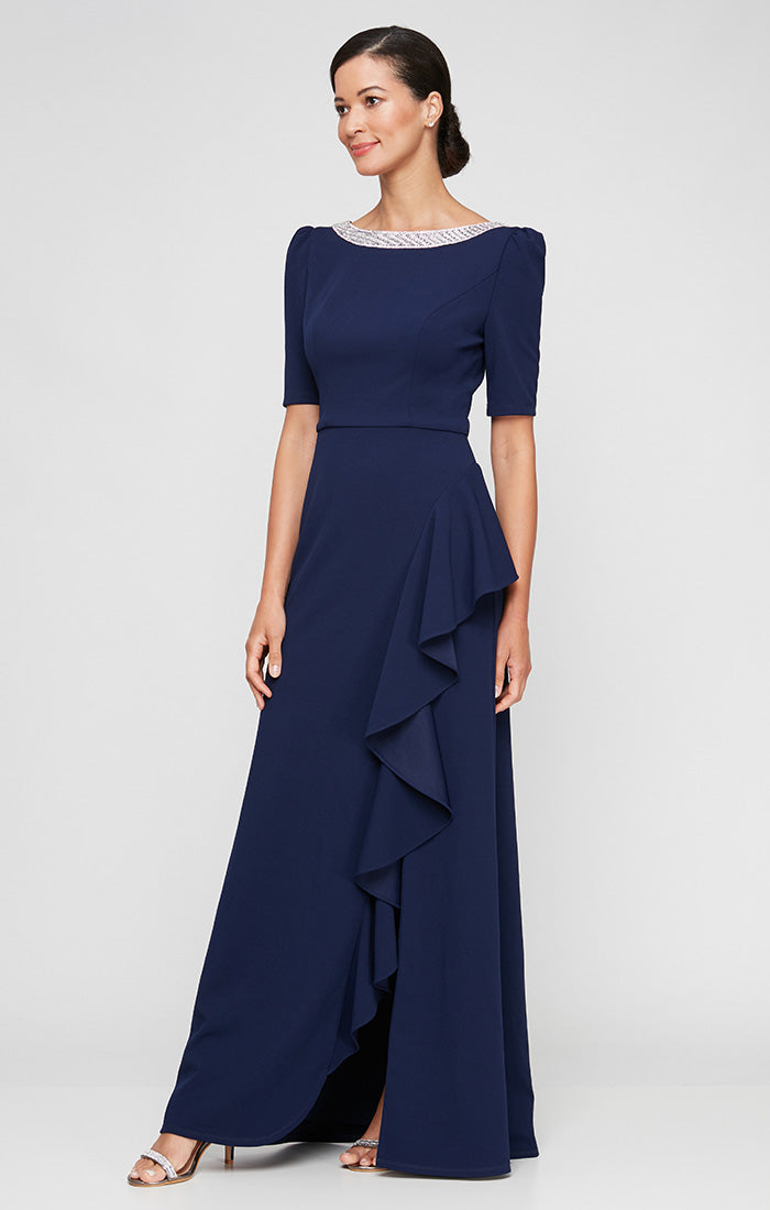 Alex Evenings Women's Embellished-Neck Ruffle Gown - Navy - Size 14 Alex Evenings Women's Embellished-Neck Ruffle Gown - Navy - Size 14