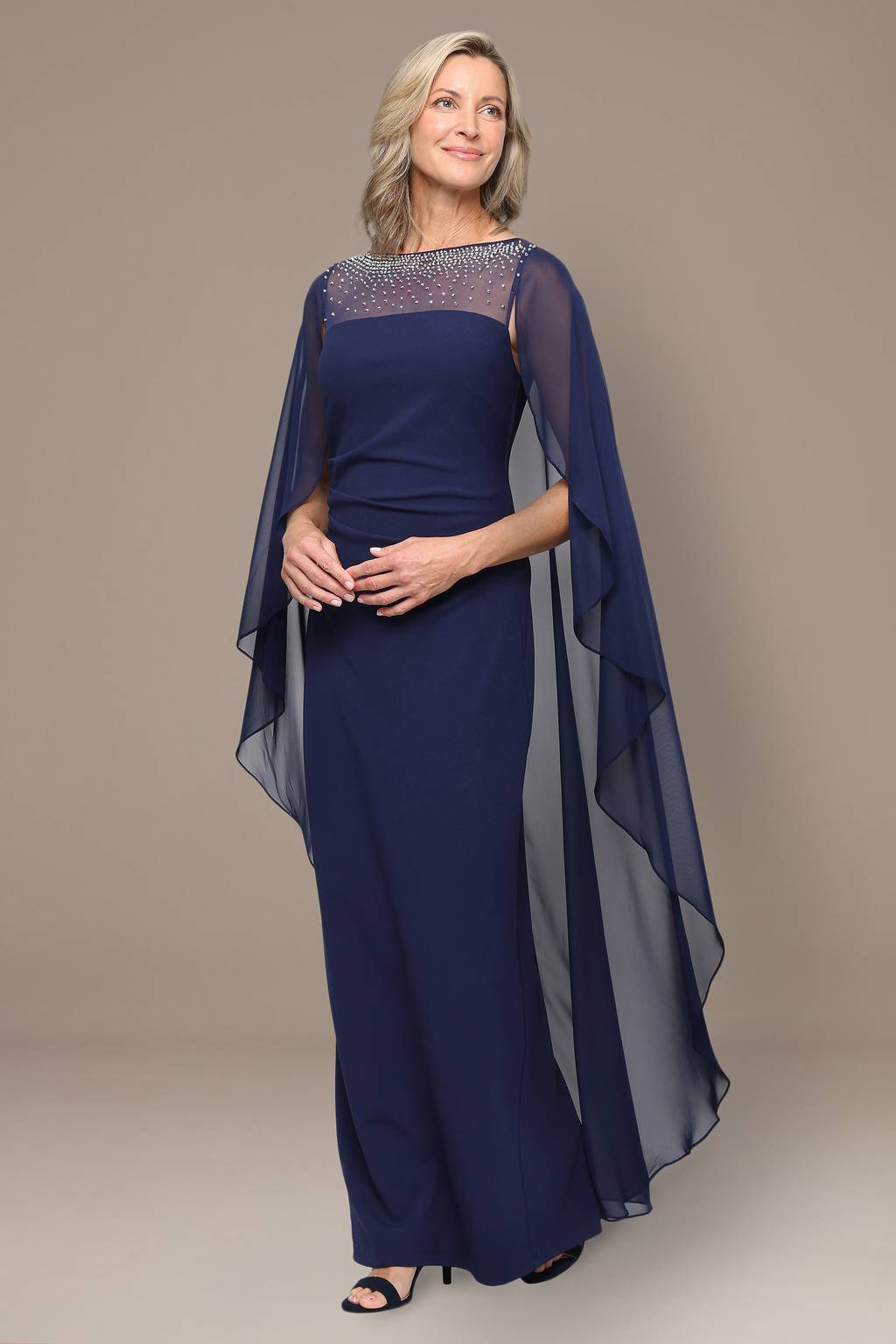 Long Stretch Crepe Column Dress with Heat Set Illusion Neckline and Dramatic Chiffon Cap Alex Evenings 8160591