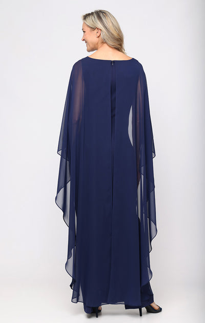 Navy Illusion Neck Floor-Length Chiffon Formal Dress with Cape Sleeves Plus Size Alex Evenings 8460591