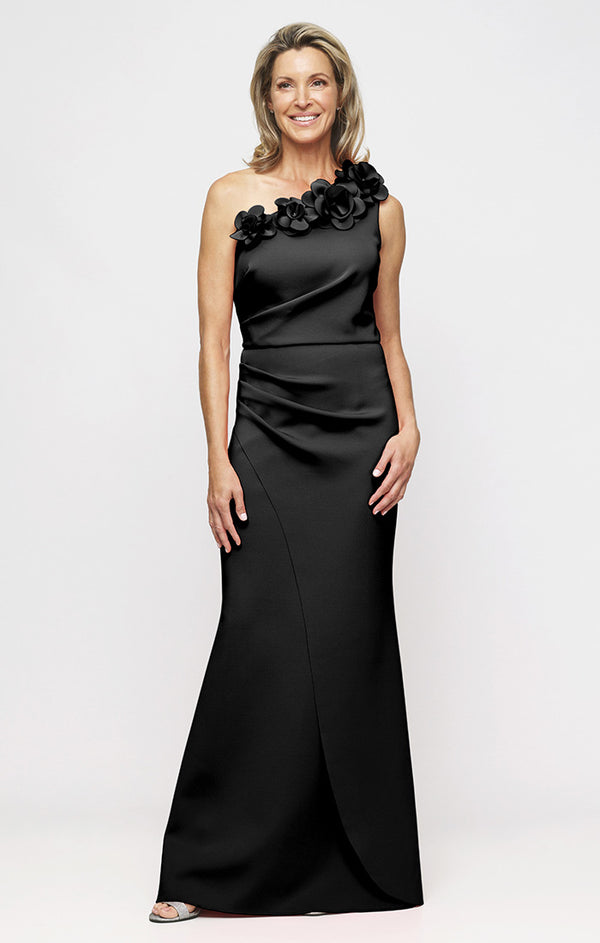 Black One-Shoulder Floor-Length Stretch Crepe Cocktail Dress with 3-D Flower Alex Evenings 8160599