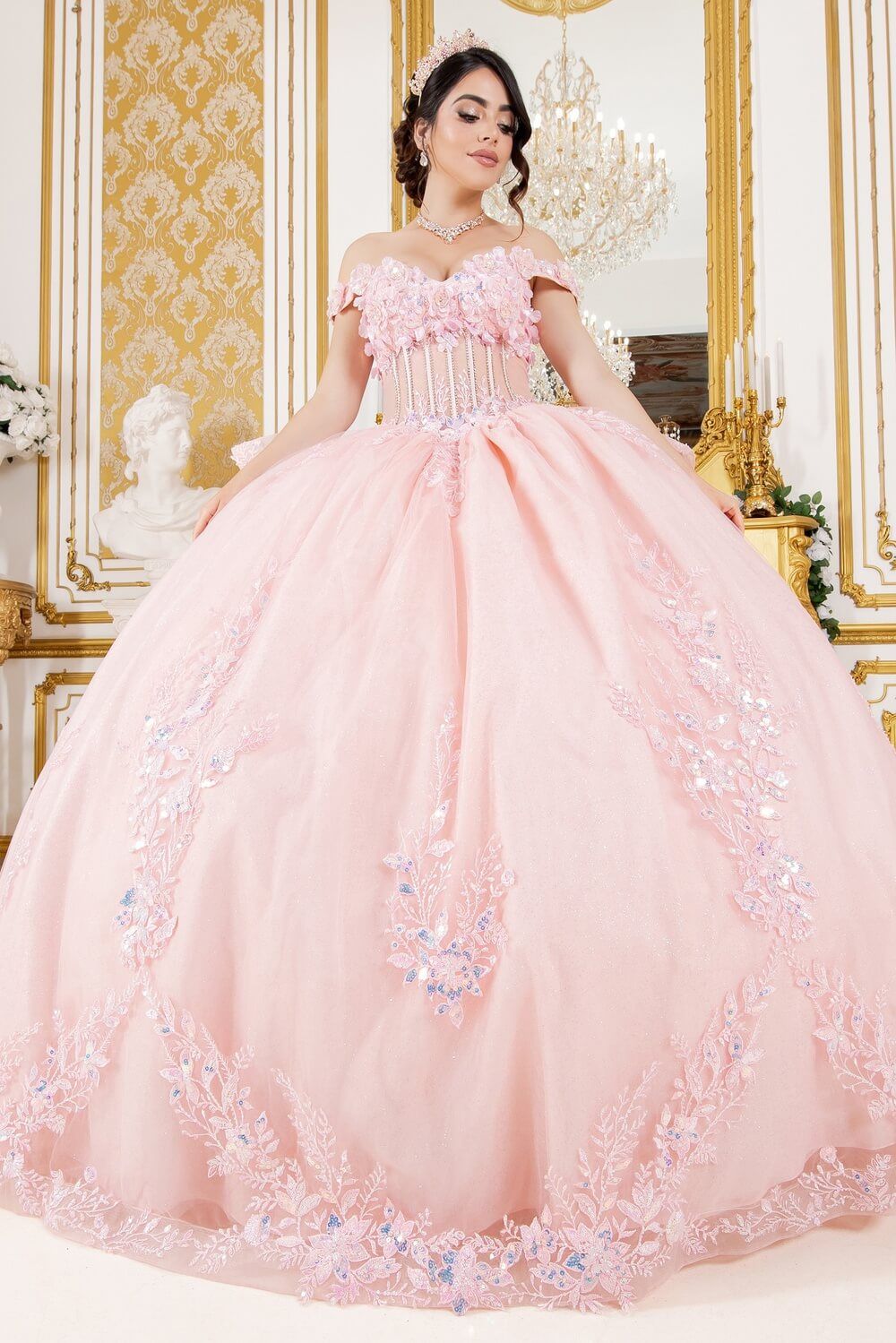 Pink Sweetheart Floor Length Glitter Tulle Quinceanera Ball Gown with 3D Floral Applique and Detachable Bow Cinderella Couture 8160J