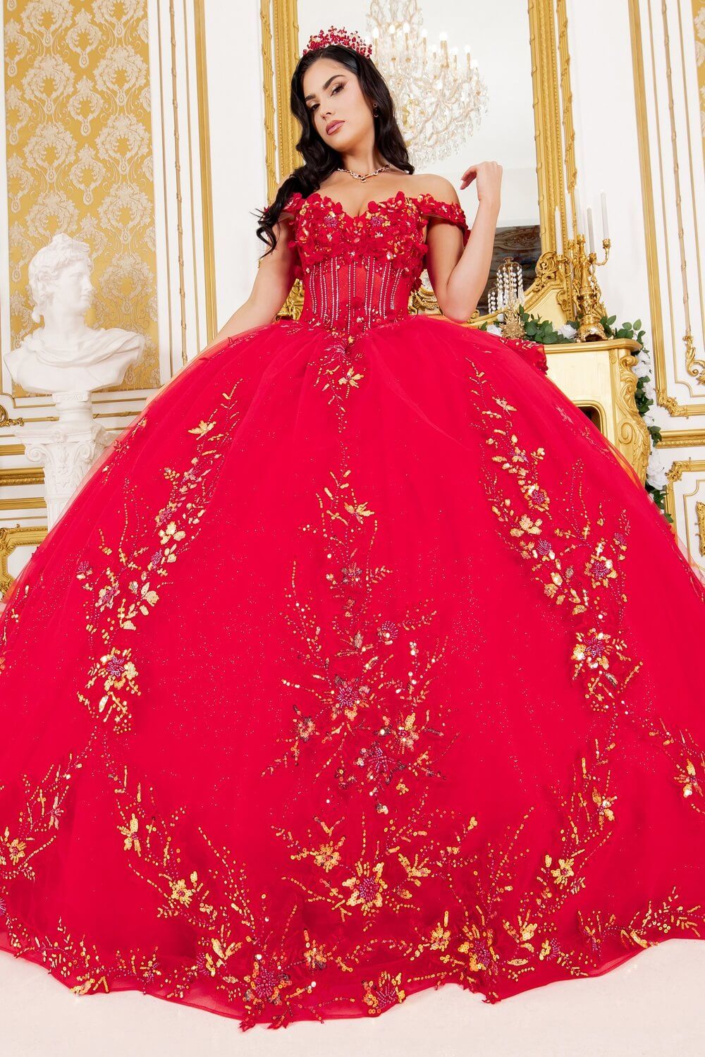 Red Sweetheart Floor Length Glitter Tulle Quinceanera Ball Gown with 3D Floral Applique and Detachable Bow Cinderella Couture 8160J