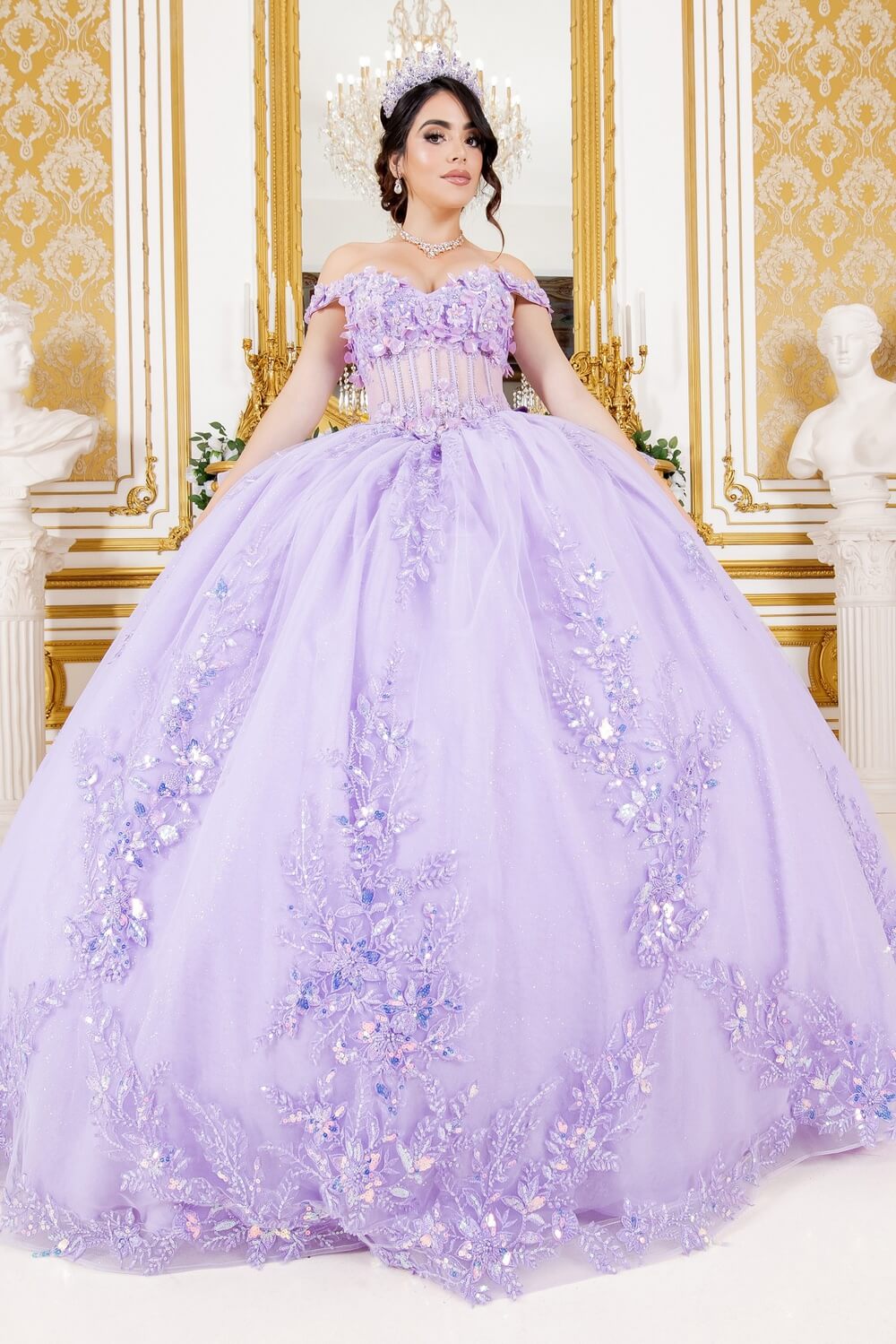 Lilac Sweetheart Floor Length Glitter Tulle Quinceanera Ball Gown with 3D Floral Applique and Detachable Bow Cinderella Couture 8160J
