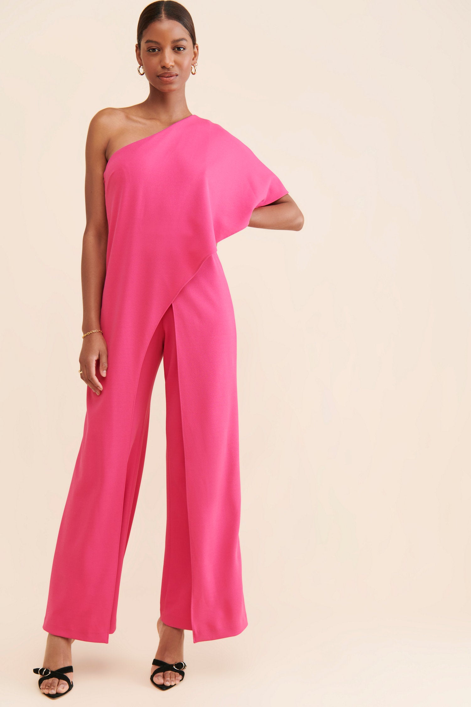 One Shoulder Floor Length Crepe Formal Jumpsuit with Flutter Overlay Adrianna Papell AP1E201788