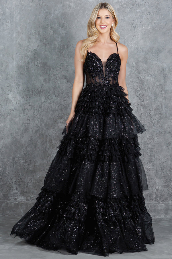Cinderella Couture 8163J Prom Long Layered Ruffle Formal A Line Dress