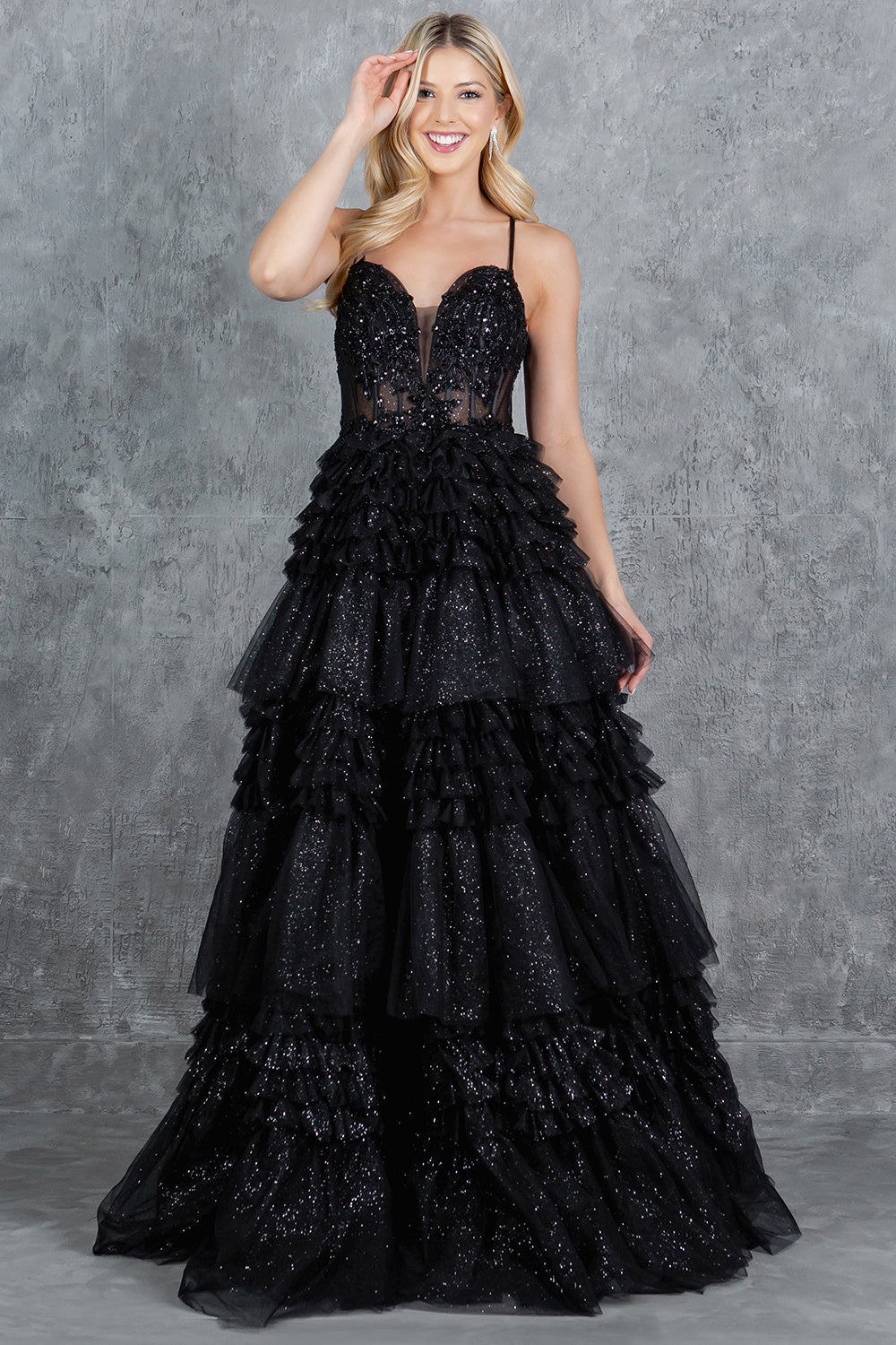 Cinderella Couture 8163J Prom Long Layered Ruffle Formal A Line Dress