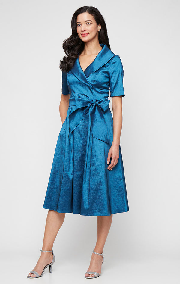V-Neck Tea-Length Satin Fit & Flare Formal Dress The Dress Outlet V-Neck Tea-Length Satin Fit & Flare Formal Dress The Dress Outlet