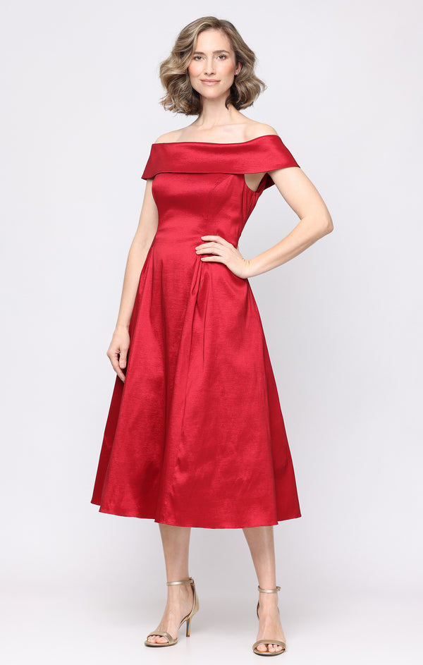 Alex Evenings 8166751 Off-the-Shoulder Tea-Length Satin Cocktail A-Line