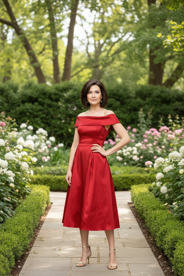 Alex Evenings 8166751 Off-the-Shoulder Tea-Length Satin Cocktail A-Line
