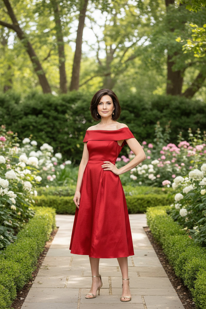 Alex Evenings 8166751 Off-the-Shoulder Tea-Length Satin Cocktail A-Line