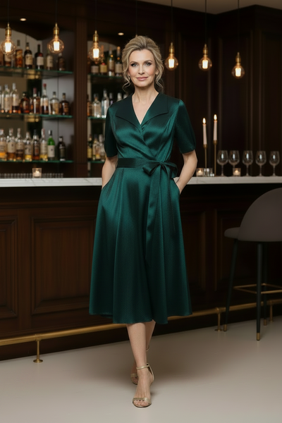 V-Neck Tea-Length Satin Cocktail A-Line Alex Evenings 8166752