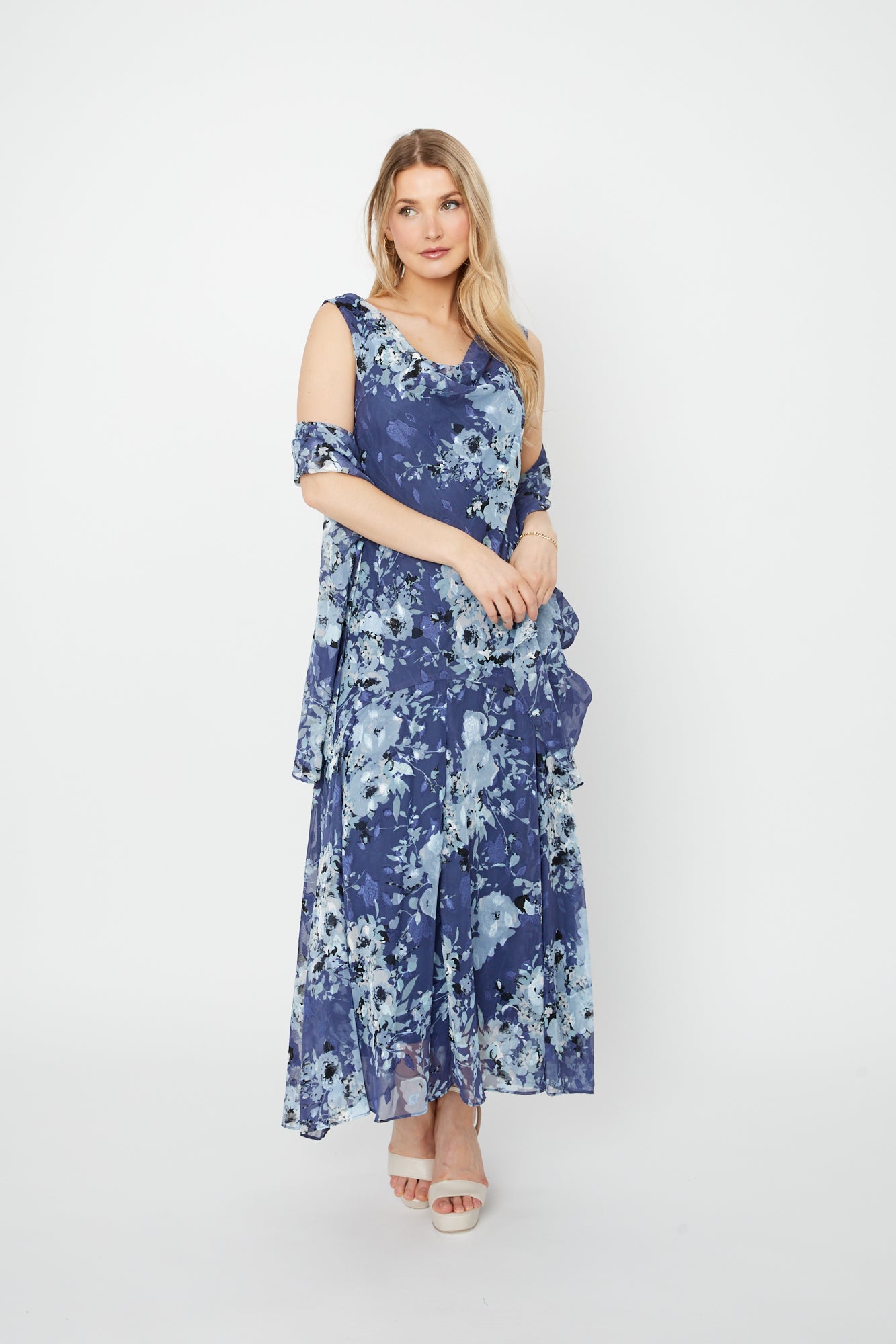 Tea Length Cowl Neck Printed Dress With High/Low Skirt and Shawl Alex Evenings 8175916