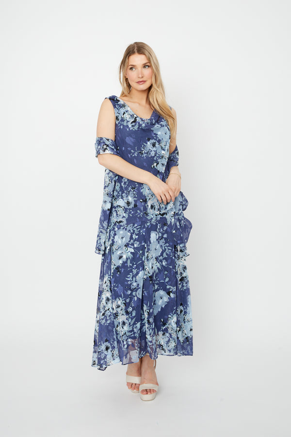 Tea Length Cowl Neck Printed Dress With High/Low Skirt and Shawl Alex Evenings 8175916