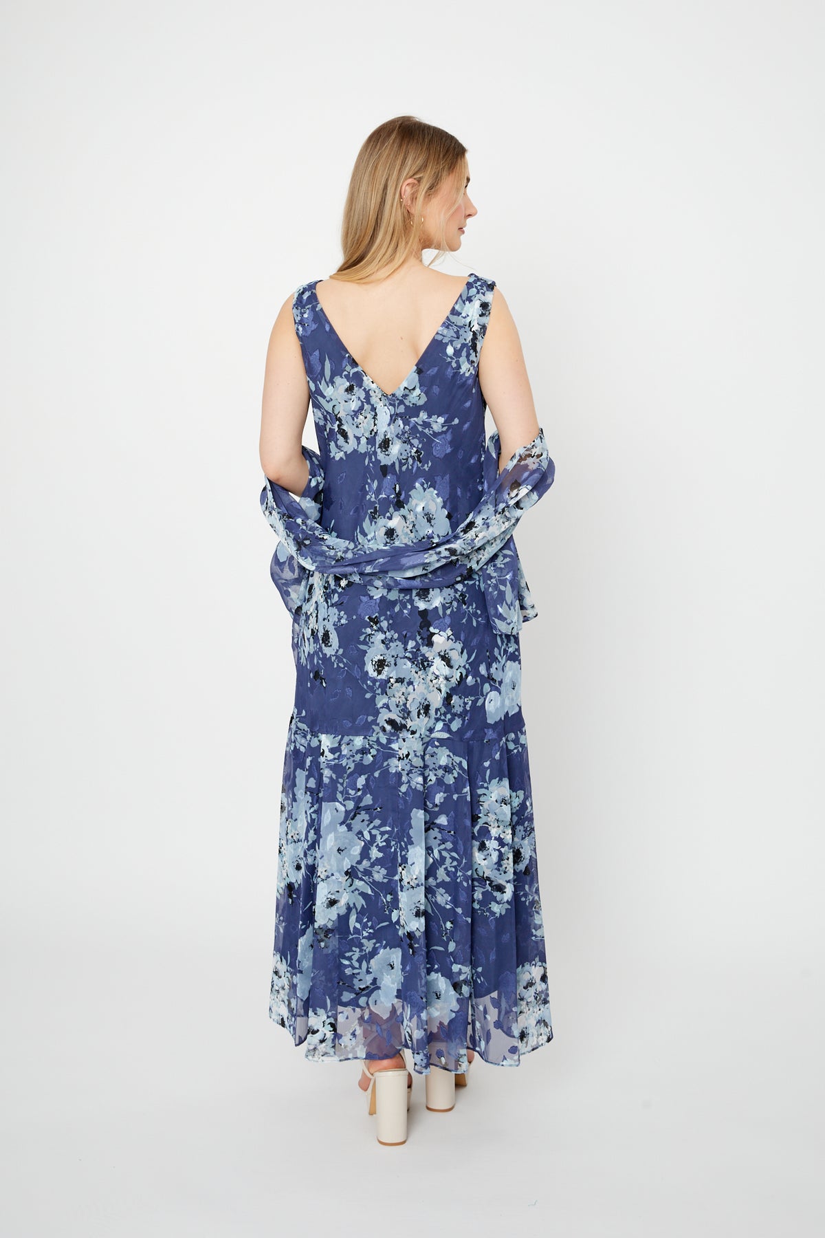 Tea Length Cowl Neck Printed Dress With High/Low Skirt and Shawl Alex Evenings 8175916