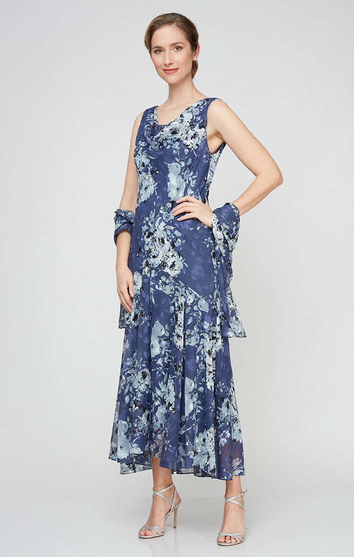 Formal Dresses Tea Length Floral Print Formal Evening Dress Wedgewood