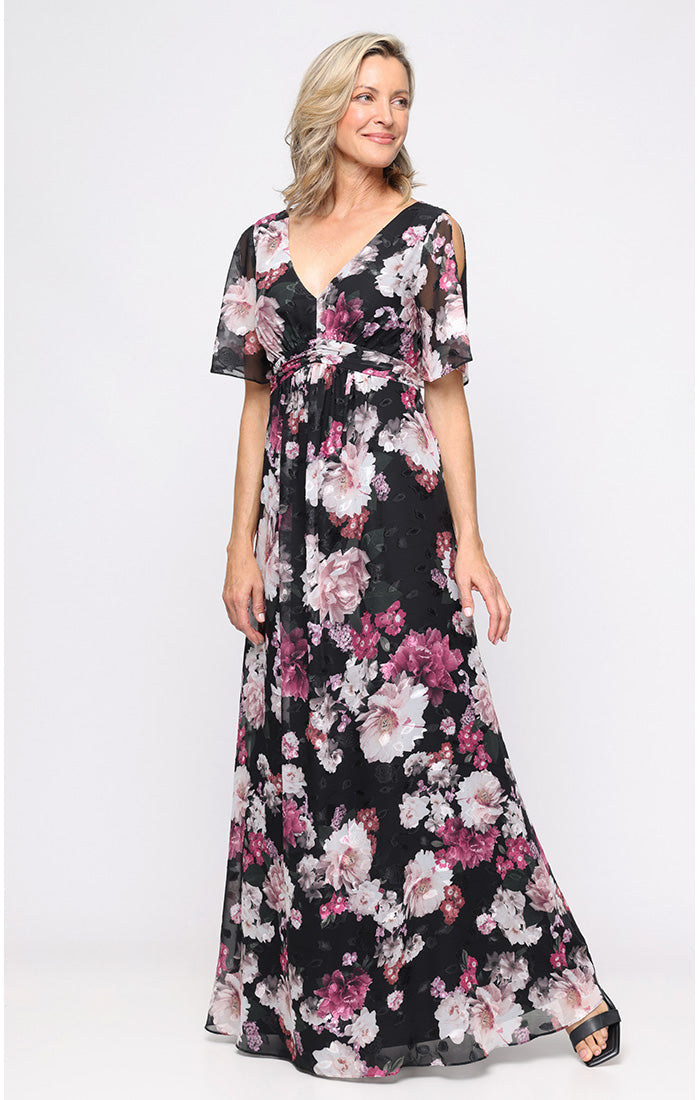 Black Multi V-Neck Floor-Length Floral Chiffon Formal Dress with Flutter Sleeves Plus Size Alex Evenings 8475989