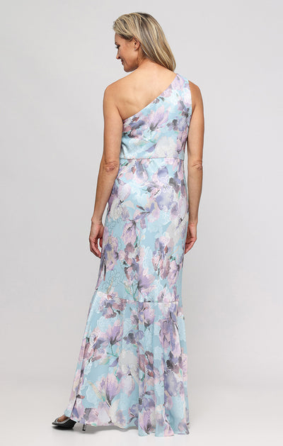Blue/Multi One-Shoulder Floor-Length Chiffon Floral Print Gown with Cascading Ruffles Alex Evenings 8175997