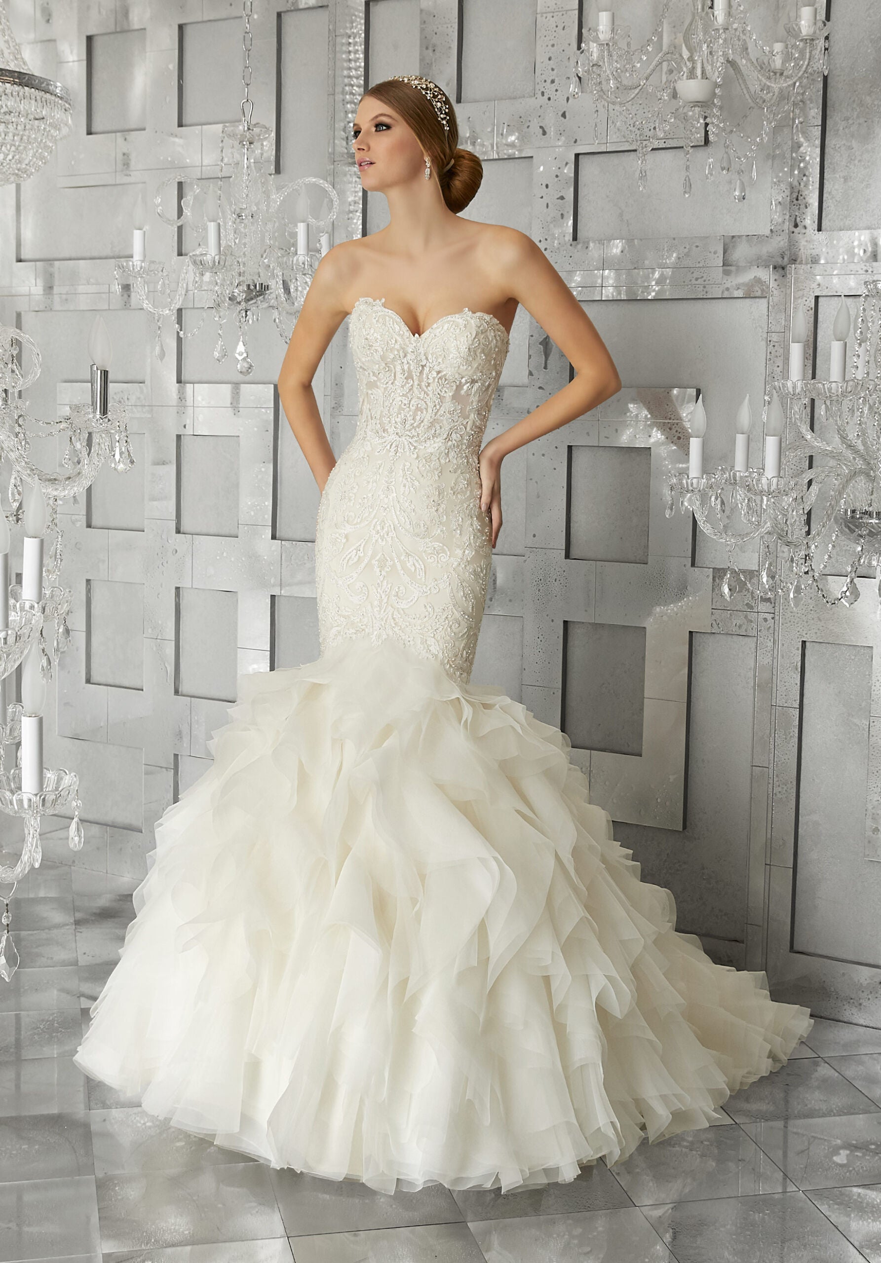 Wedding Dresses Long Bridal Beaded Mermaid Wedding Dress MGNY Madeline Gardner New York 8177 Ivory/Champagne
