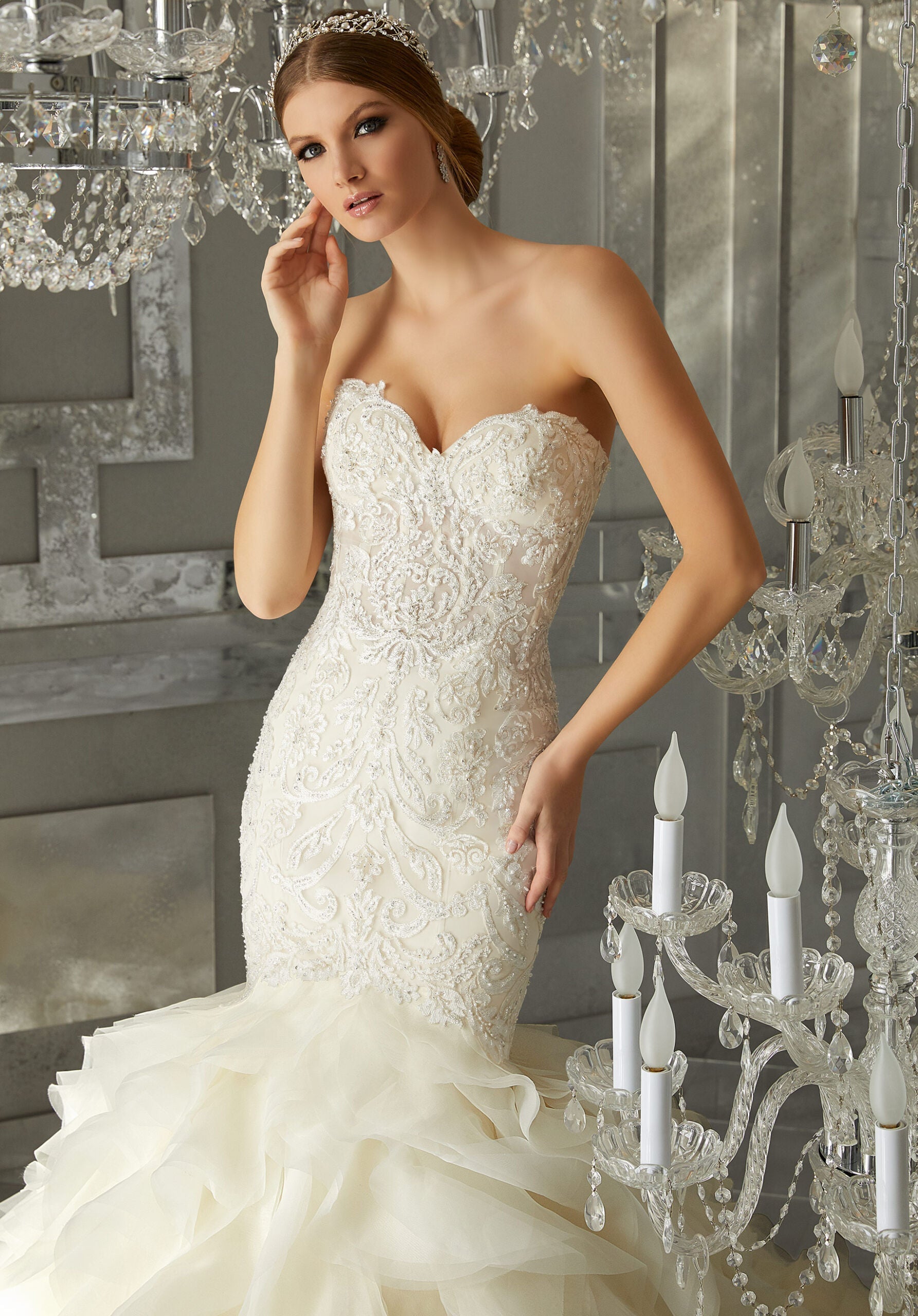 Wedding Dresses Long Bridal Beaded Mermaid Wedding Dress MGNY Madeline Gardner New York 8177 Ivory/Champagne