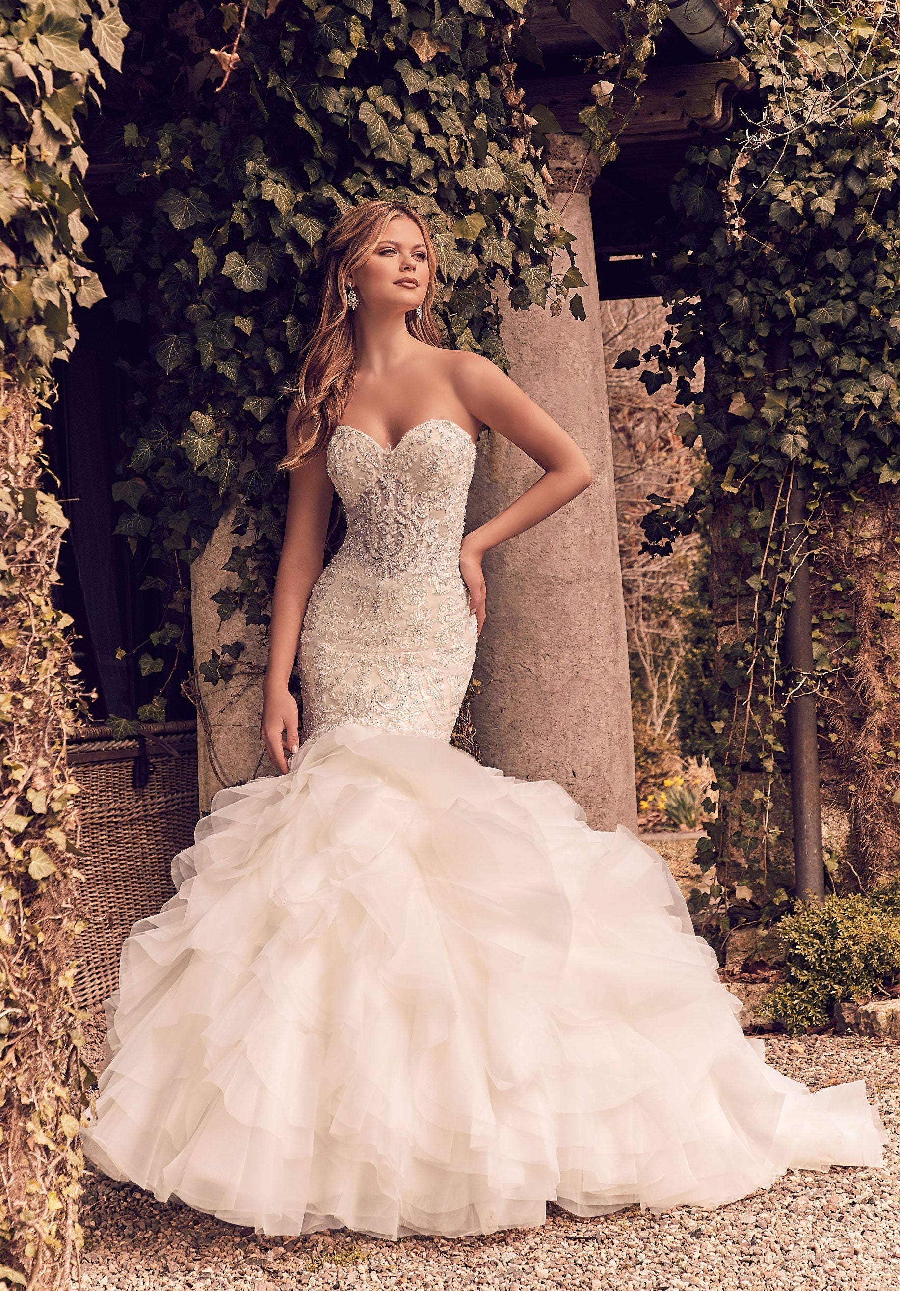Wedding Dresses Long Bridal Beaded Mermaid Wedding Dress MGNY Madeline Gardner New York 8177 Ivory/Champagne